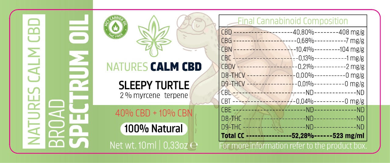 Sleepy Turtle bredspektrum CBD + CBN 50 % – kvalitetsolja för kvällens aromterapi